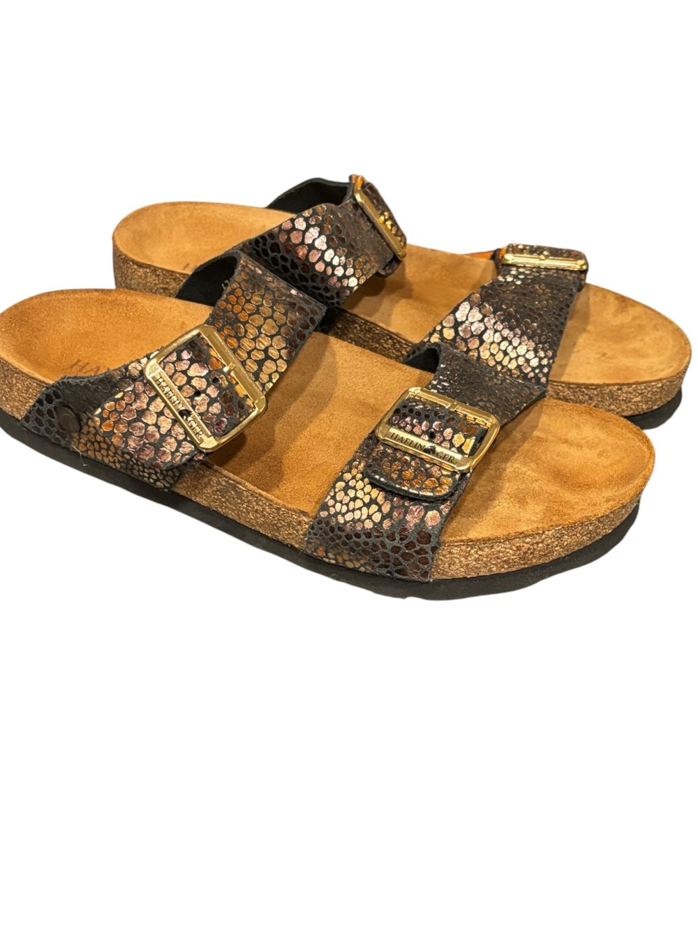 Haflinger Andrea Cobre Metallic Reptile Print Double Buckle Sandals EU 40